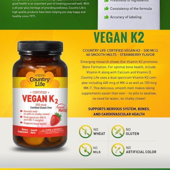 Country Life Vegan Vitamin K2, 500 mcg, Dual Spectrum MK-4 and MK-7 Complex - Picture 1 of 8